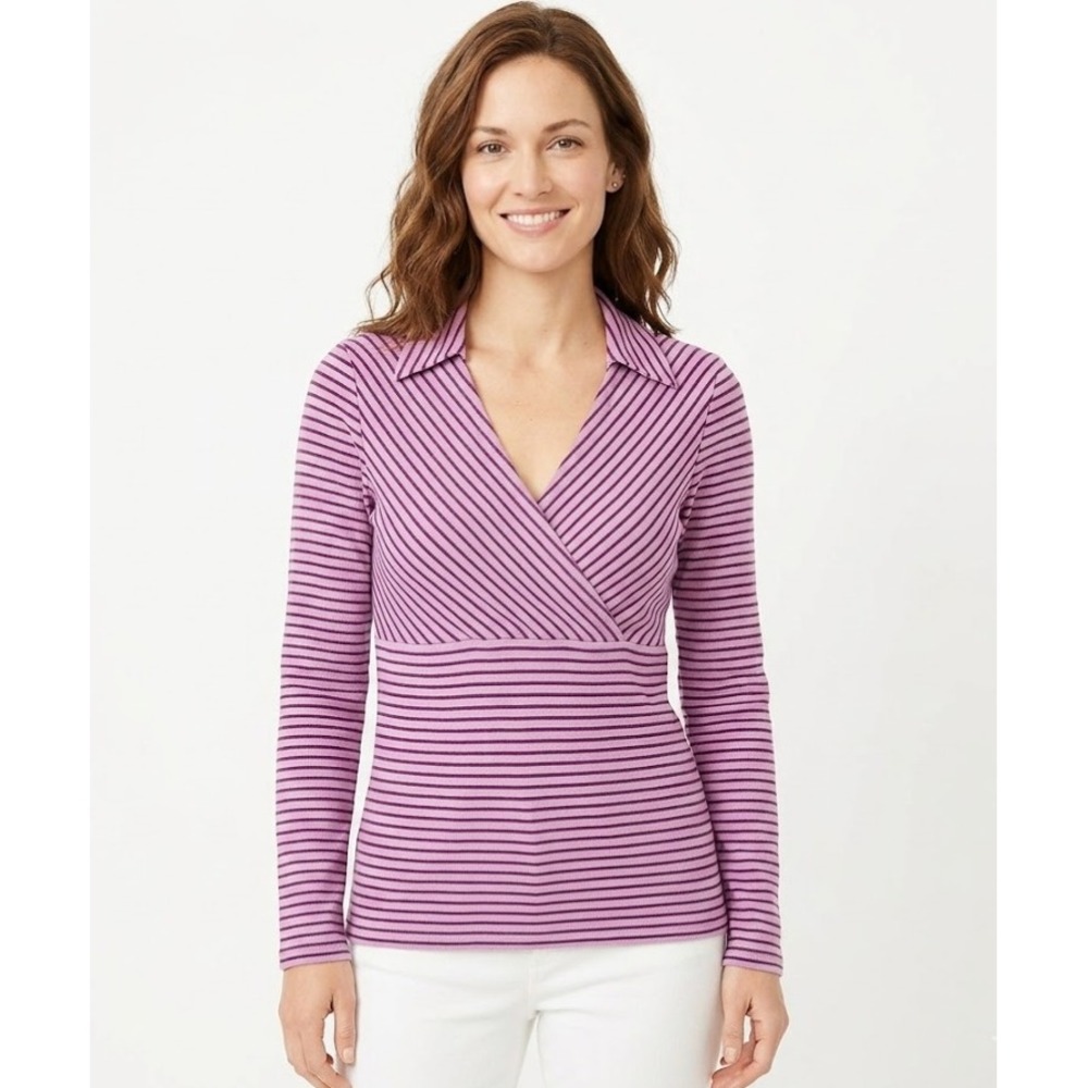 New Ann Taylor LOFT Medium Pink Black Striped Surplice Stretch Baby-doll Top Y2K